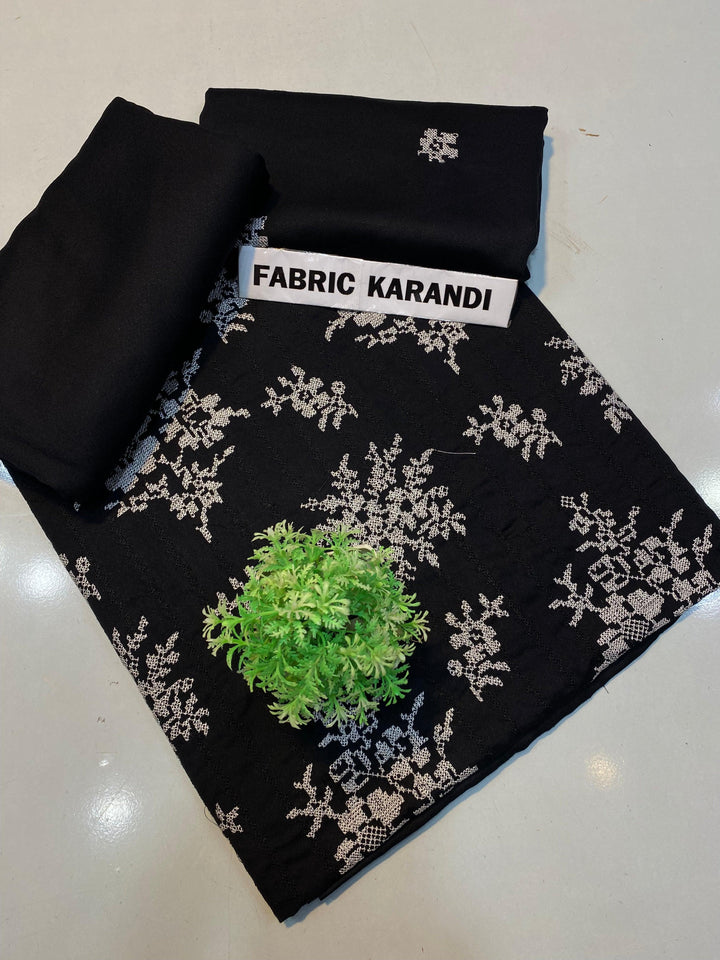 The black fabric adorned with white floral embroidery is presented, highlighted by a small green plant at its center. In the upper right corner, a label reveals "Regal Hues Bareeze" from ESHMEEN's Winter Collection, emphasizing its premium quality.